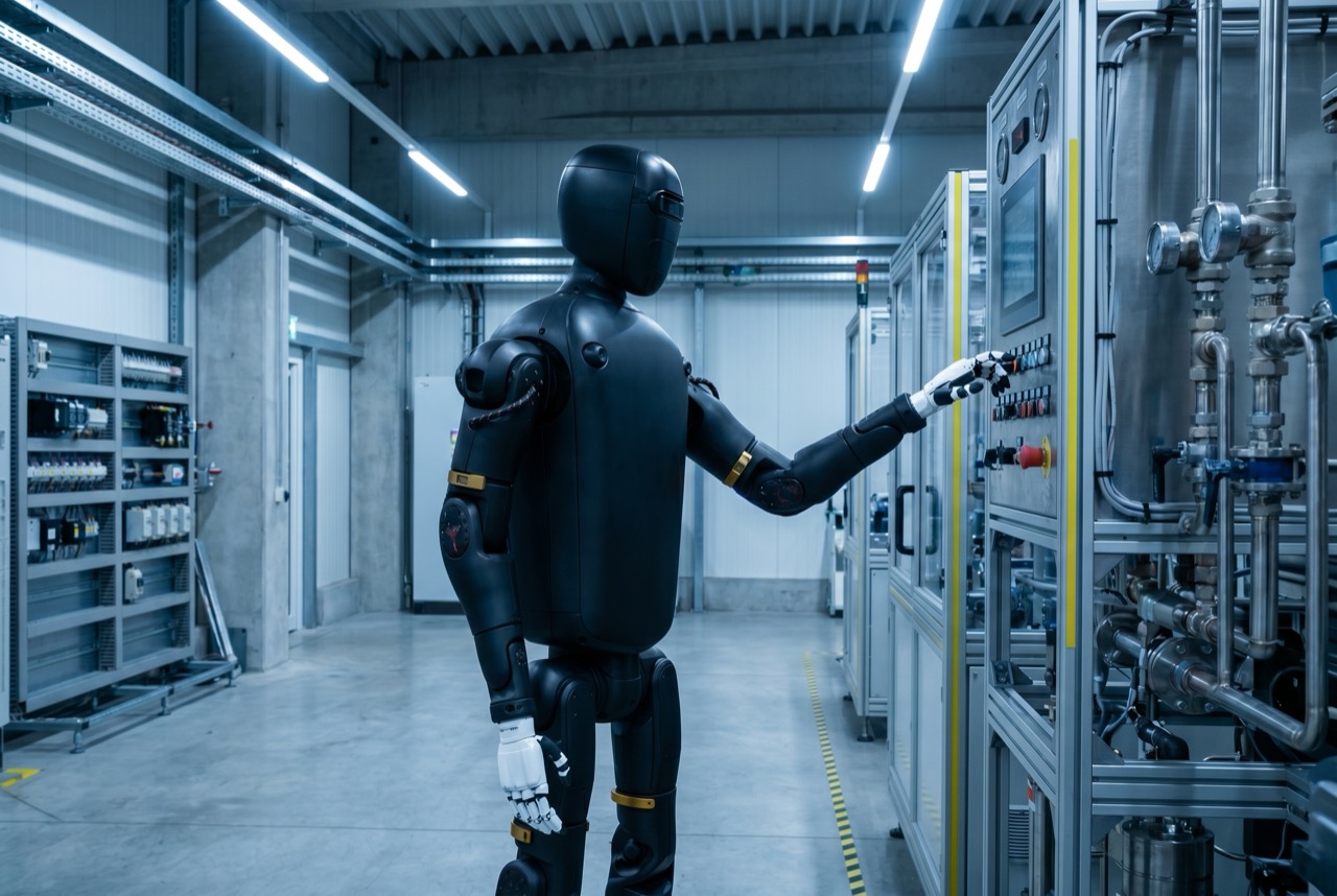 RObot inspecting a control panel in an industrial facility.